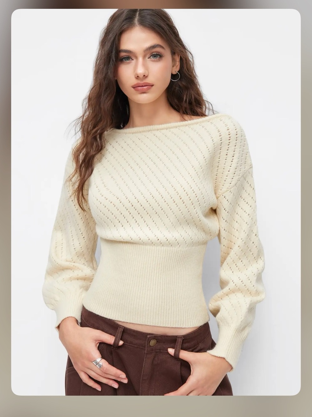 KNIT BOAT NECK HOLLOW OUT OVERSIZED LONG SLEEVE TOP M WC14-19